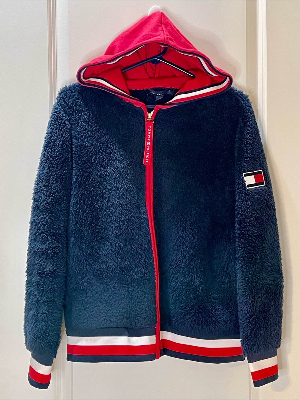 Tommy Hilfiger Full Zip Hooded Teddy Jacket Navy & Red Unisex